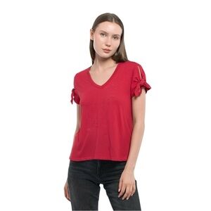 Wilt Tie-Sleeve V-Neck Slub Cotton Tee Top Red Made in USA Women’s Medium